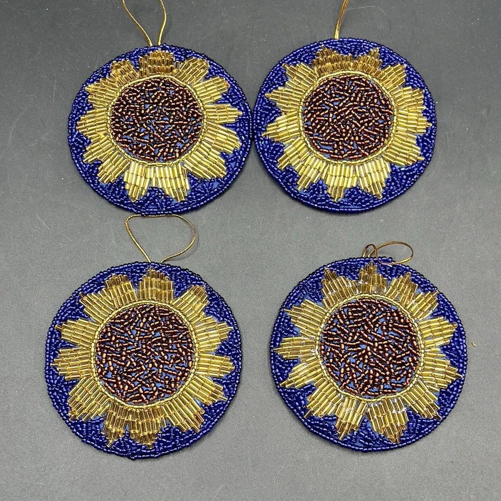 Sparkling Golden Sunflower Seed Bead Ornaments Blue Satin Fabric  3